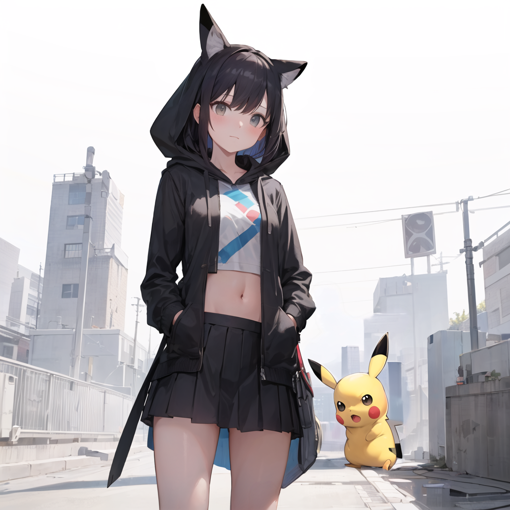 01994 2811946441 ((masterpiece,best quality)),((pikachu)),1girl, long hair, black hair,bangs,(hand o