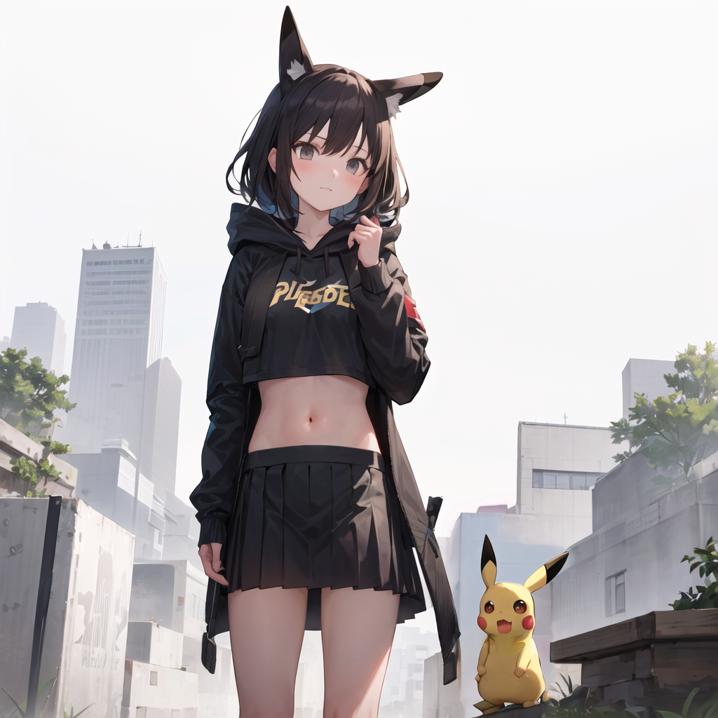 00256 207784168 ((masterpiece,best quality)),1girl,((pikachu)), long hair, black hair,bangs, ((hand