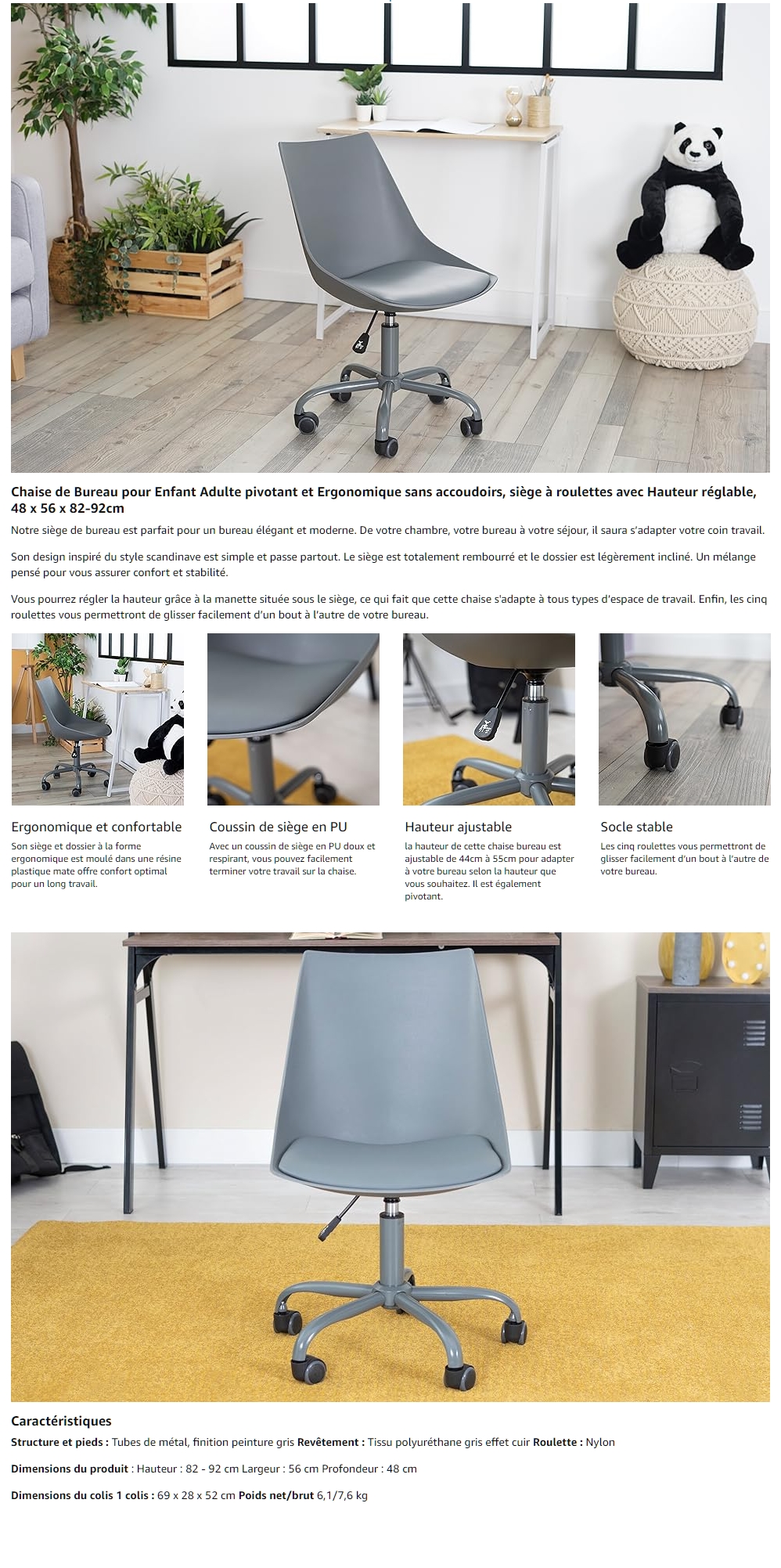 Chaise bureau scandinave grise ajustable et pivotante à roulettes MOOR –  Urban Meuble